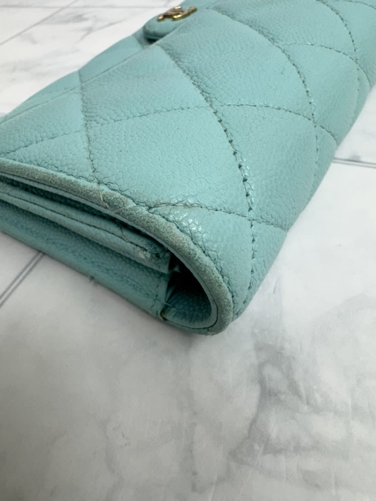 Chanel Light Blue Diamond Quilted Caviar Leather Classic Flap Long Wallet