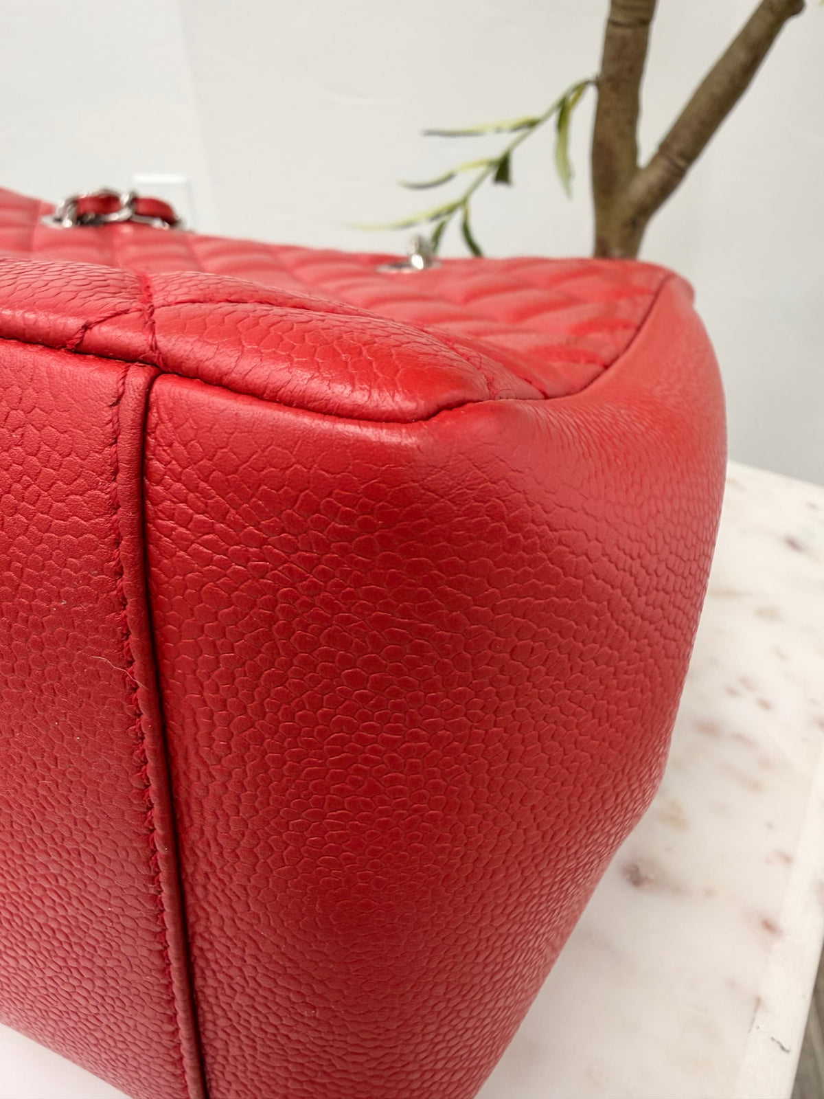 Chanel Red Chevron Quilted Caviar Leather GST Shopping Tote