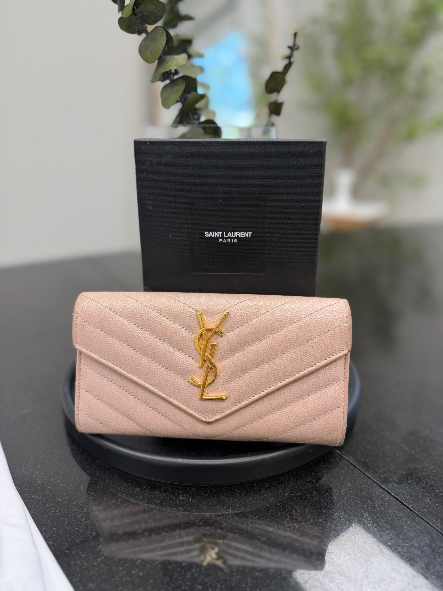 Saint Laurent YSL Dusty Pink Pebbled Leather Logo Long Wallet