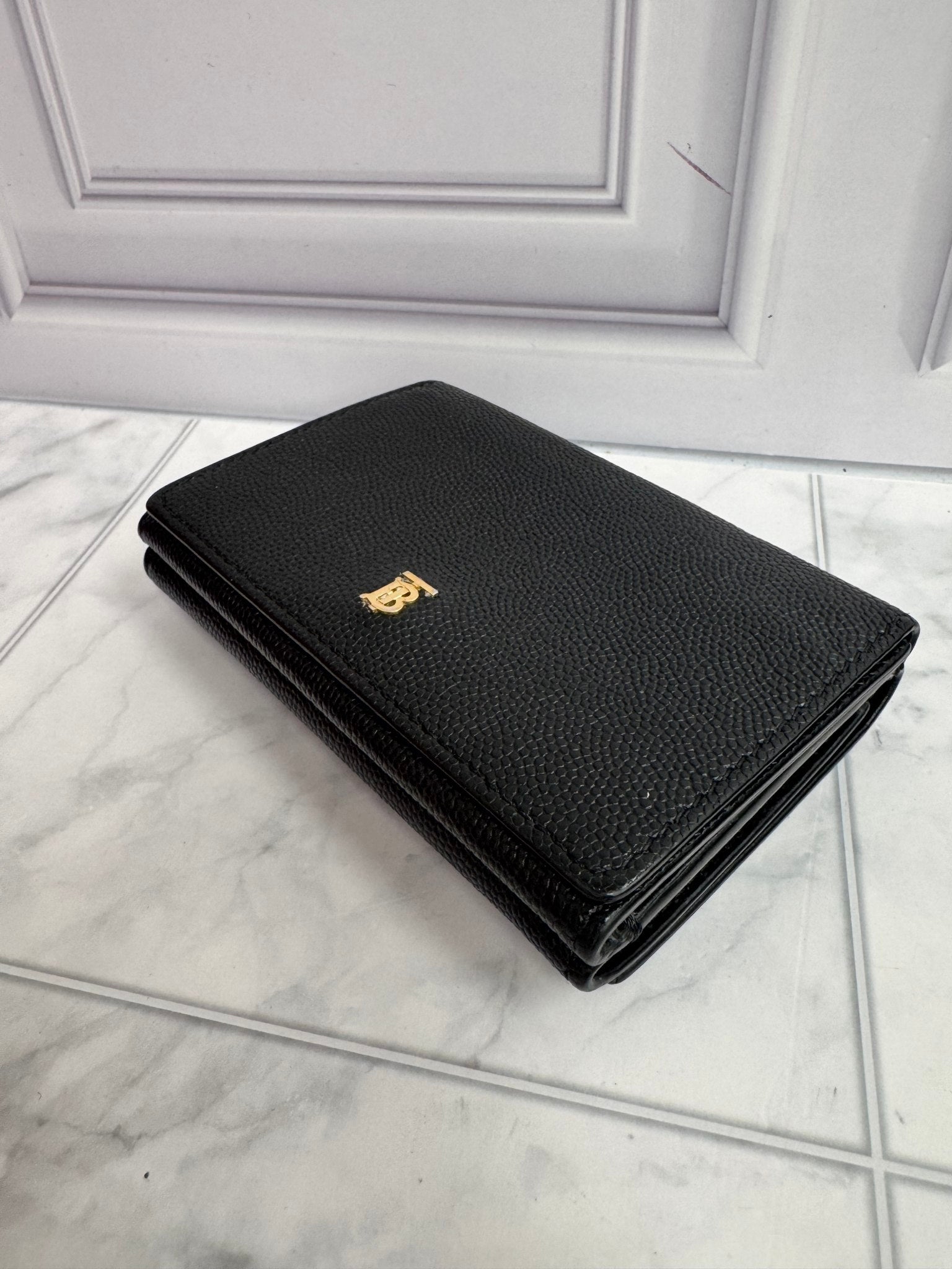 Burberry Black Leather TB Logo Trifold Wallet
