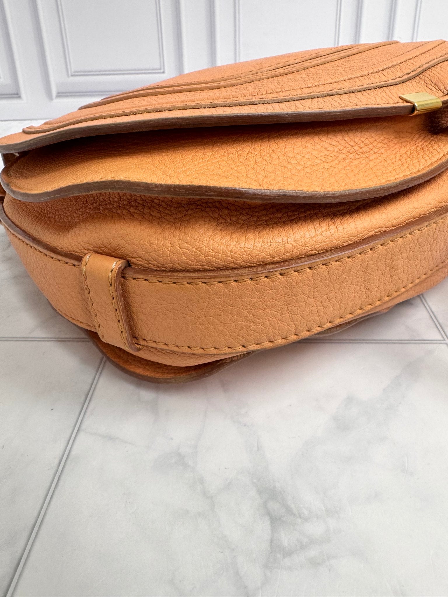 Chloe Peach Grained Leather Marcie Medium Crossbody Saddle Bag