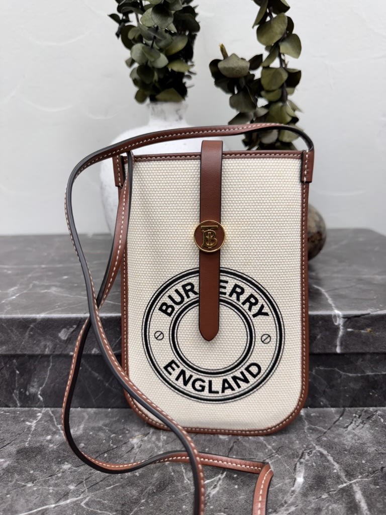 Burberry Beige Canvas And Tan Calfskin Crossbody Phone Case