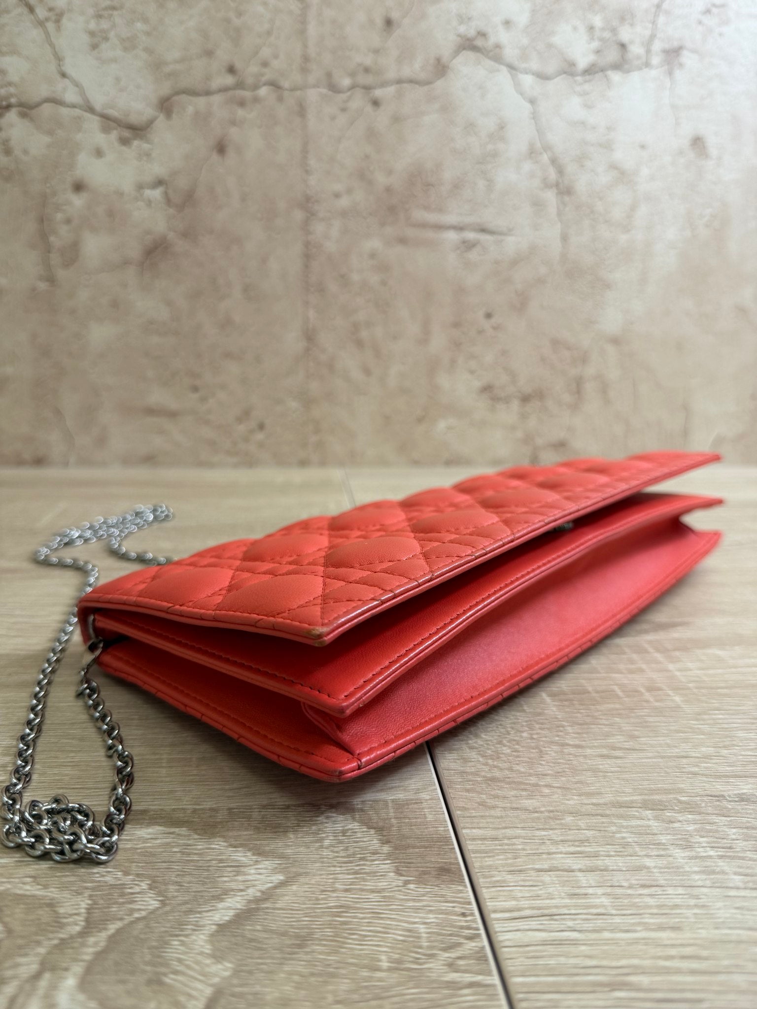 Christian Dior Coral Cannage Leather Lady Dior Chain Clutch 