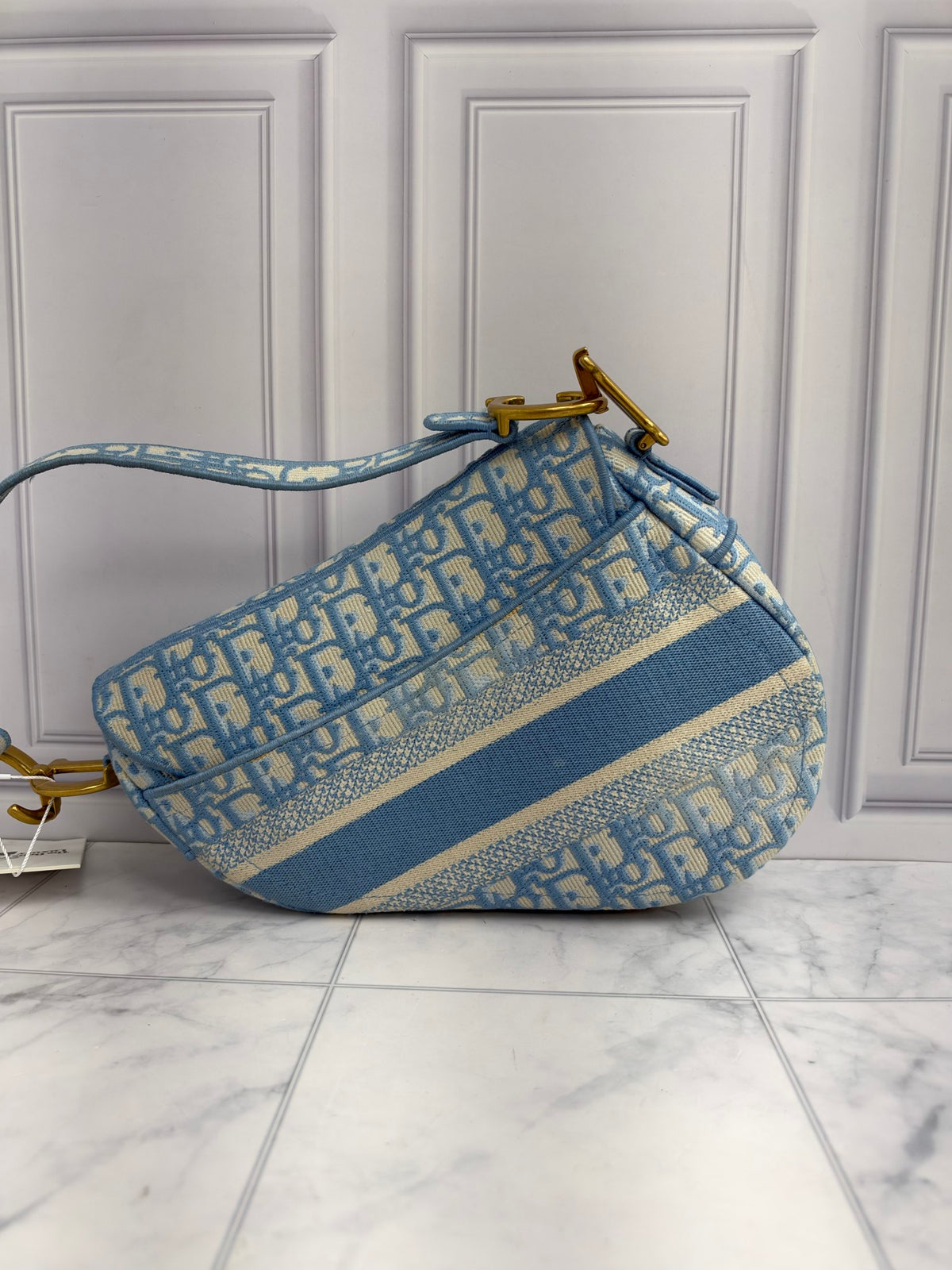 Christian Dior Baby Blue Oblique Embroidered Canvas Medium Saddle Bag