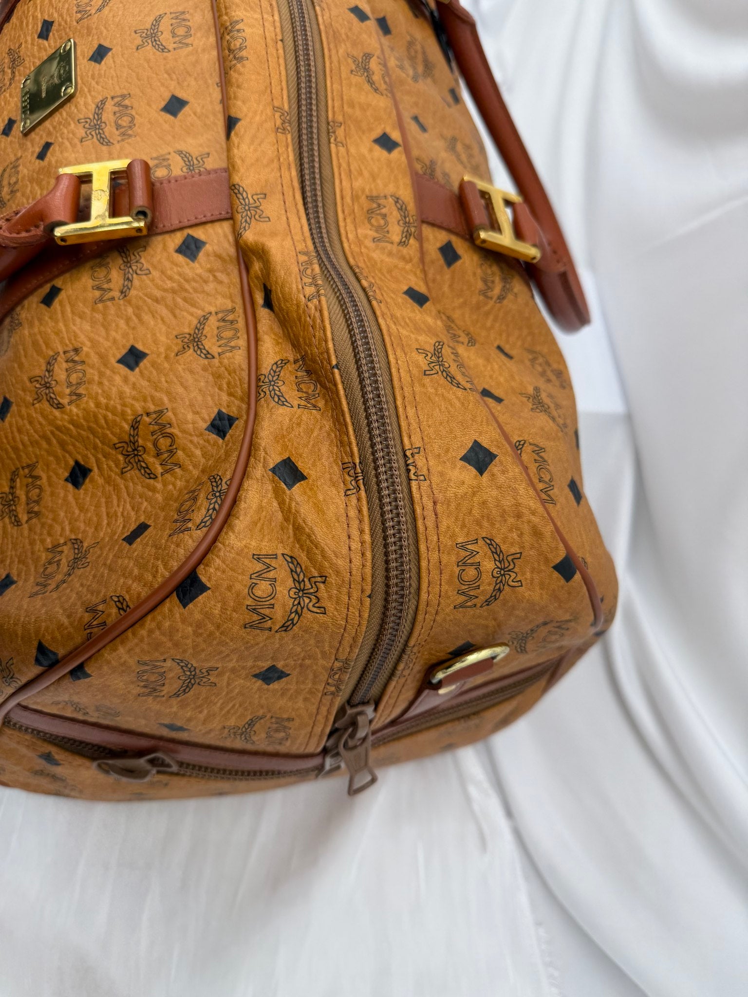 MCM Cognac Visetos Coated Canvas Duffle Bag