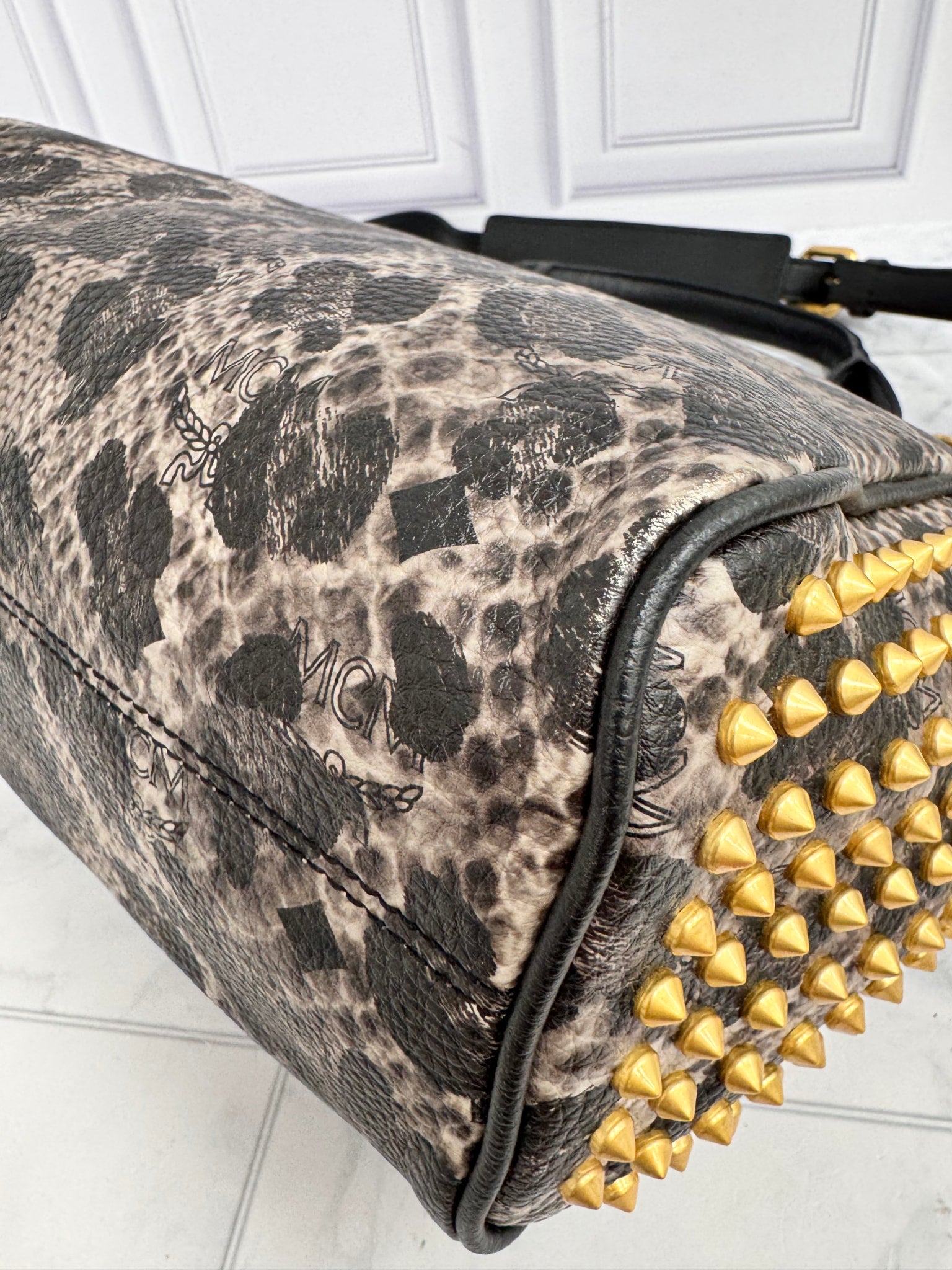 MCM Black & Leopard Print Leather Studded Crossbody Bag