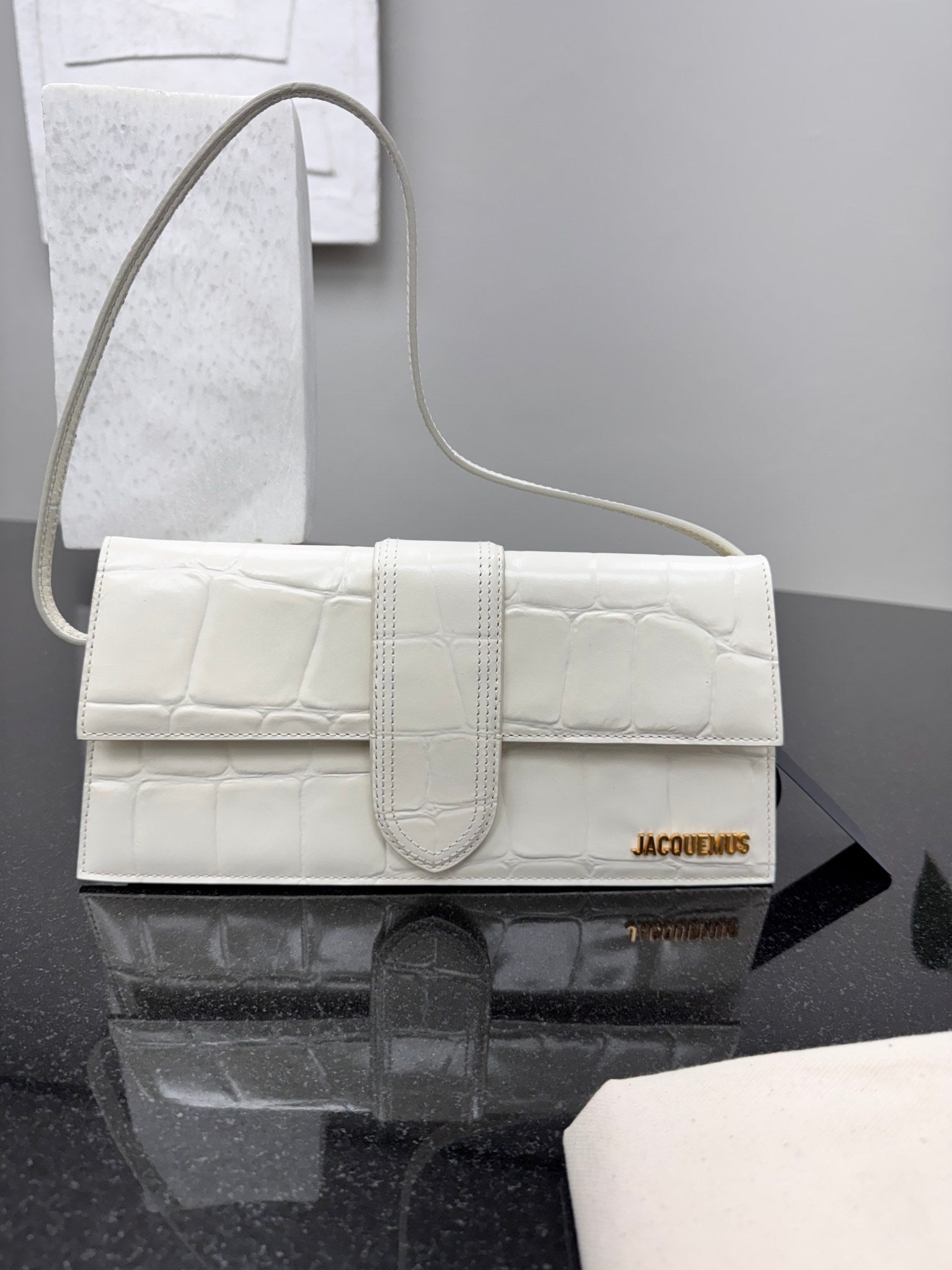 LIKE NEW - Jacquemus White Croc Embossed Leather Le Bambino Long Shoulder Bag