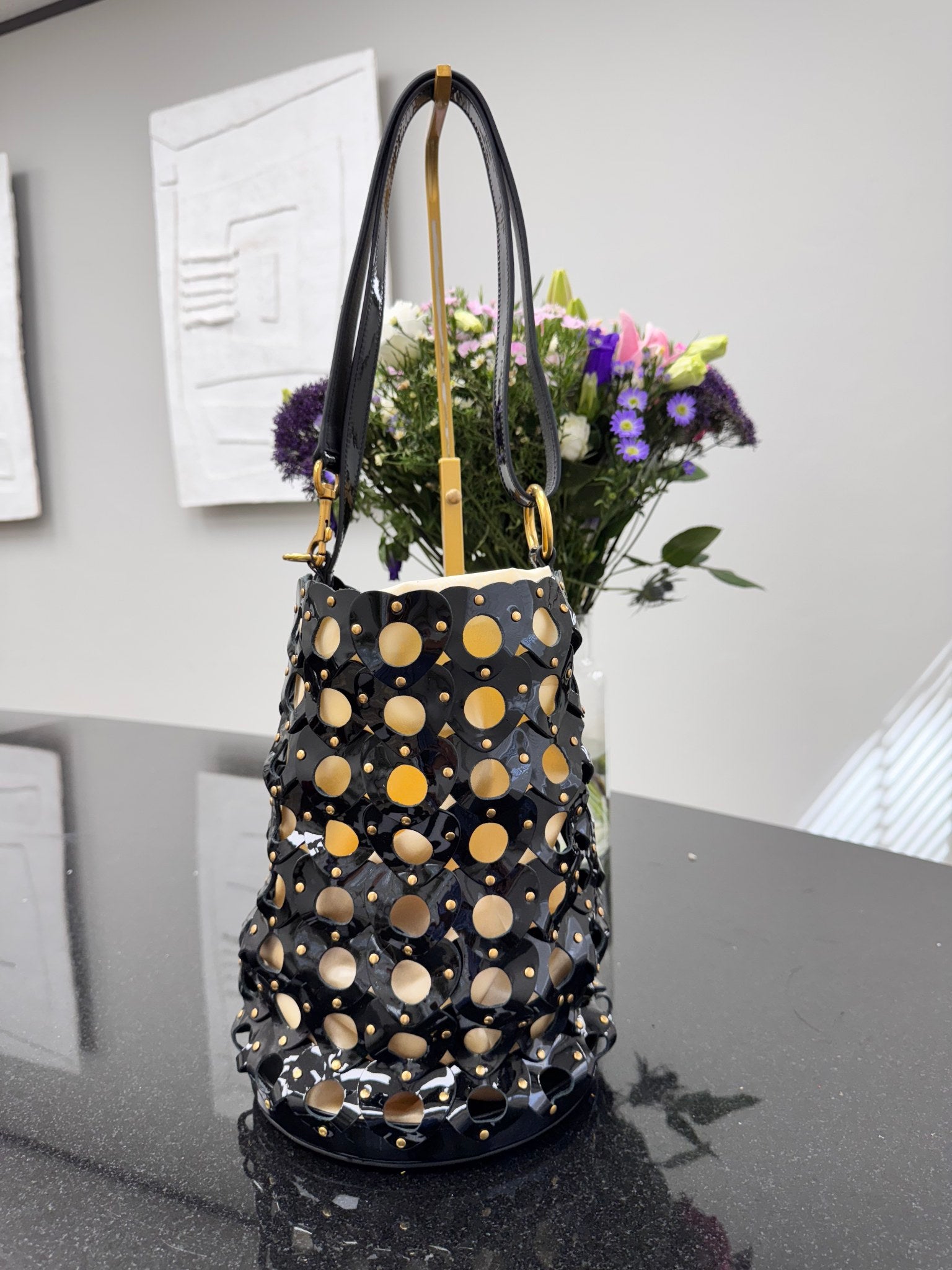 Saint Laurent YSL Black Perforated Patent Leather Seau Bucket Bag