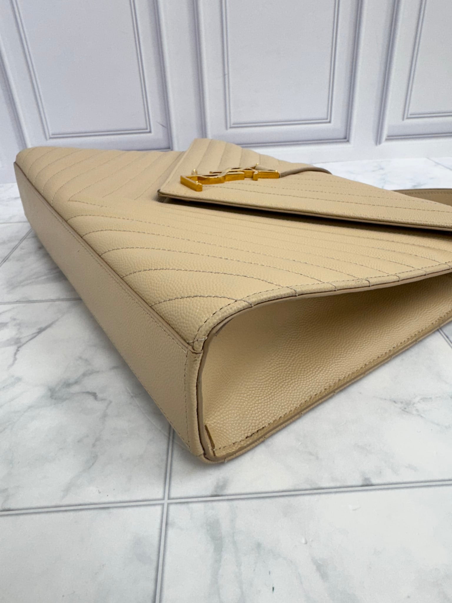 Saint Laurent YSL Beige Chevron Quilted Caviar Leather Large Monogram Envelope Chain Bag