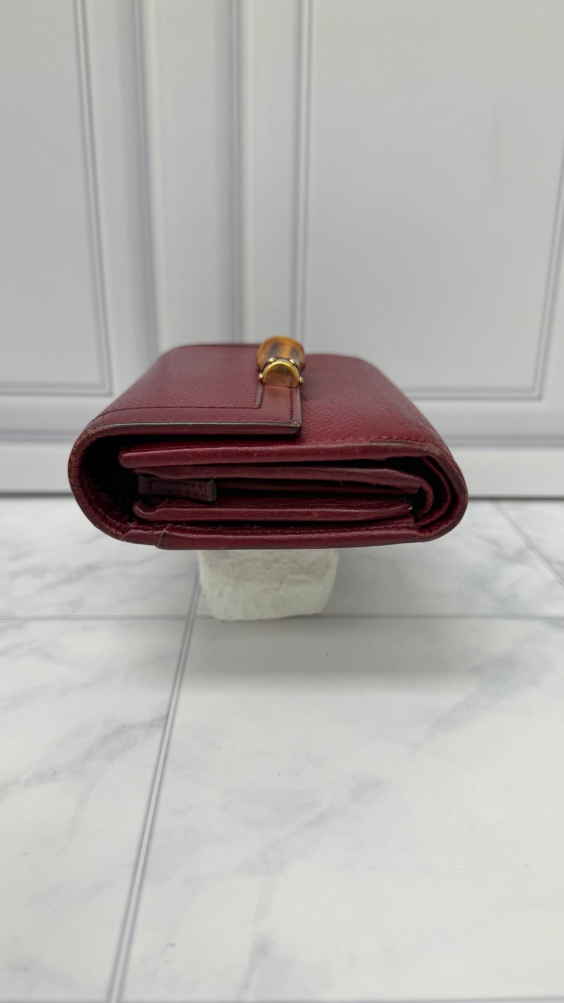Gucci Burgundy Grained Leather Bamboo Trifold Wallet 