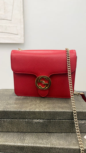 Gucci Red Grained Leather Interlocking G Small Crossbody Bag
