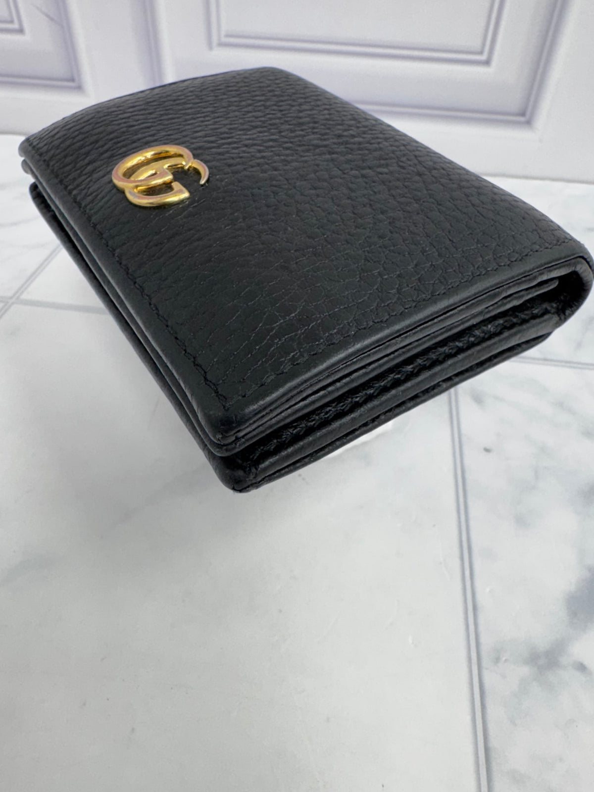 Gucci Black Grained Leather GG Marmont Compact Wallet