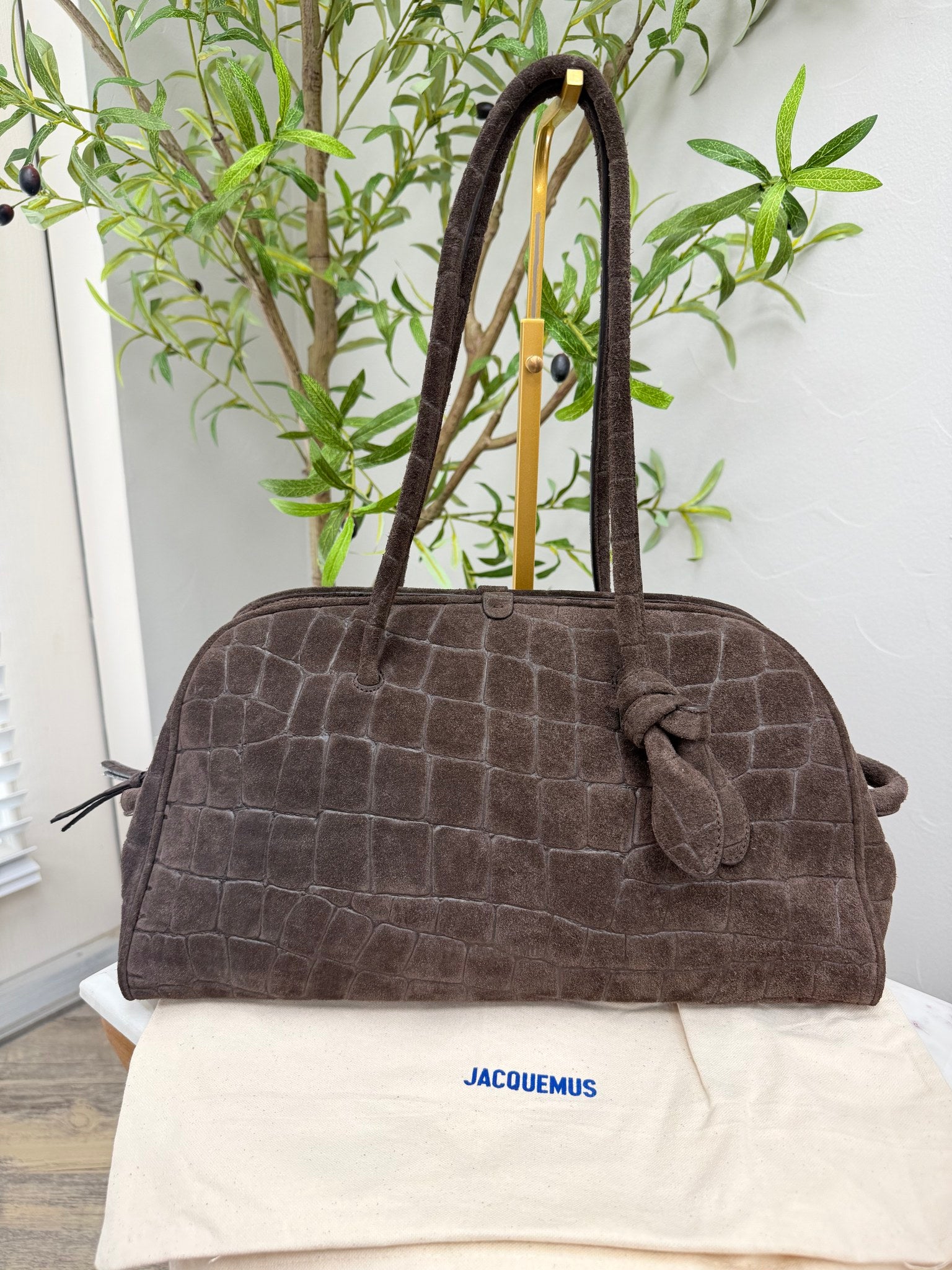 BRAND NEW - Jacquemus Chocolate Brown Croc Embossed Suede Leather Le Turismo Shoulder Bag
