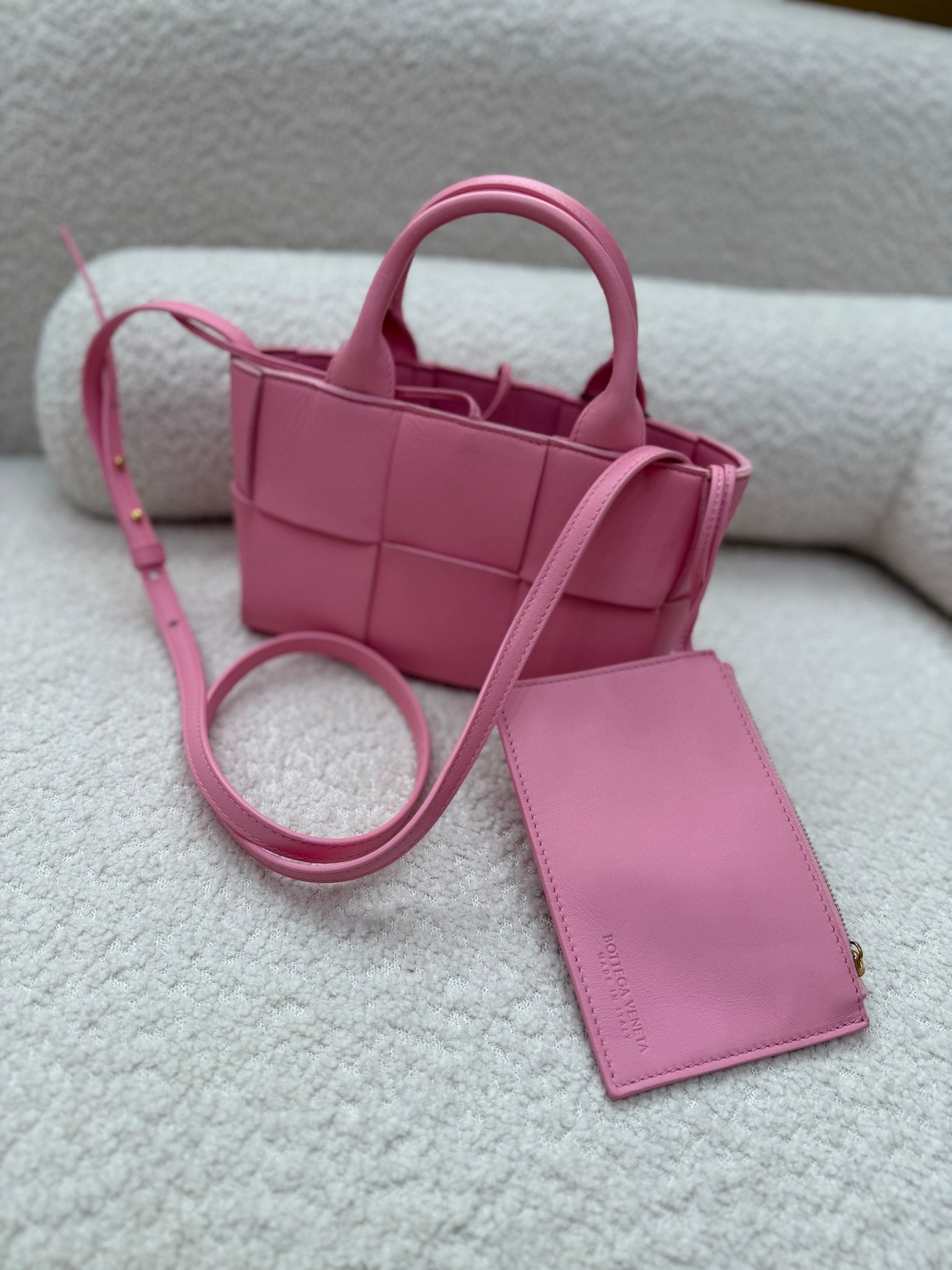 Bottega Veneta Pink Lambskin Maxi Intreccio Candy Arco Tote Ribbon