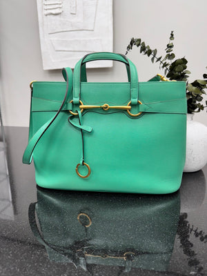 Gucci Green Grained Leather Medium Bright Bit Tote Bag