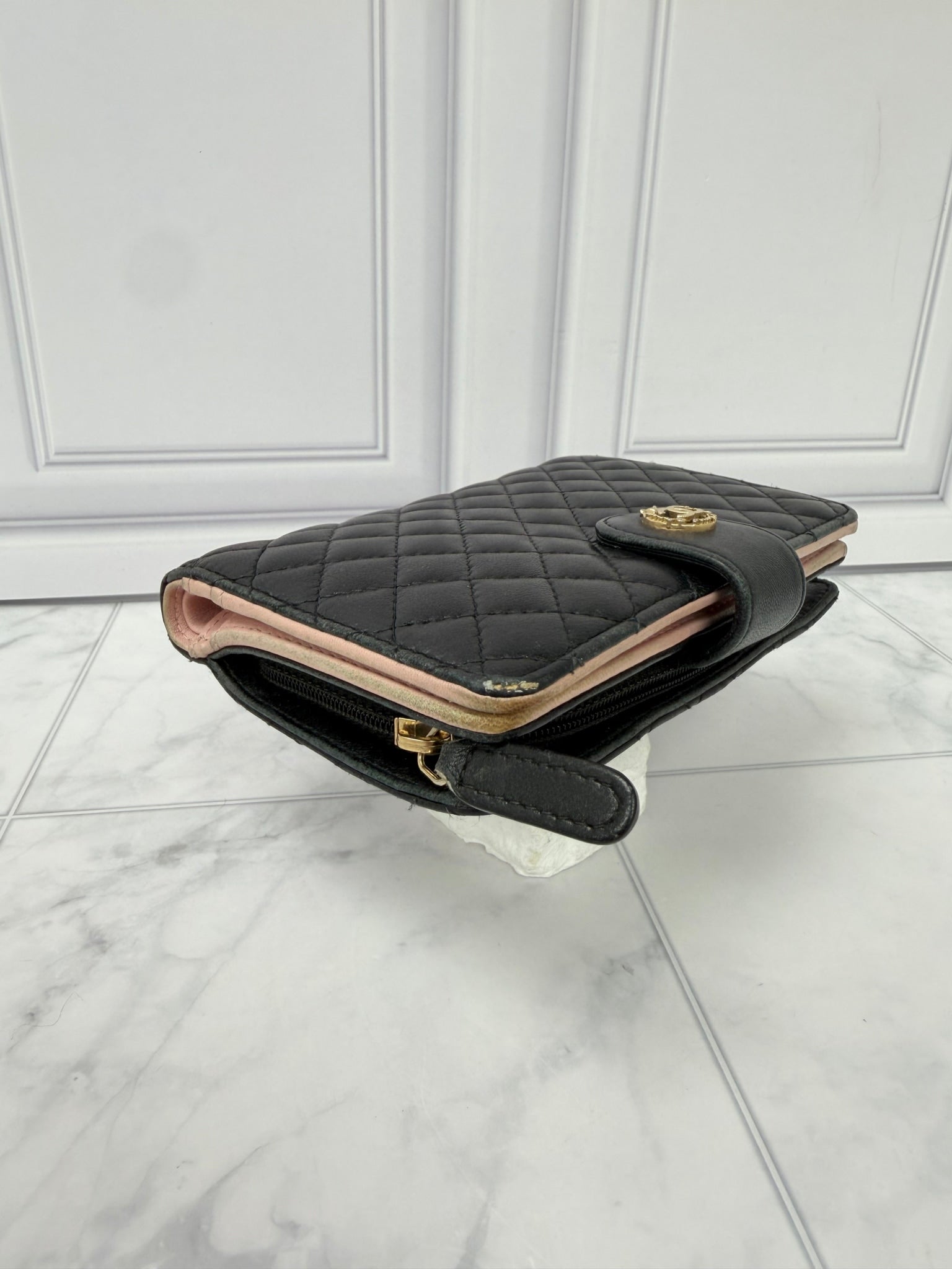 Chanel Black And Pink Lambskin Quilted French Wallet