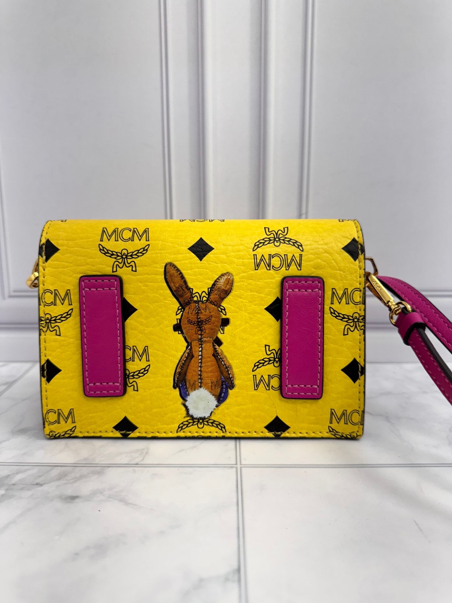 LIKE NEW - MCM Yellow Visetos Coated Canvas Rabbit Crossbody Bag