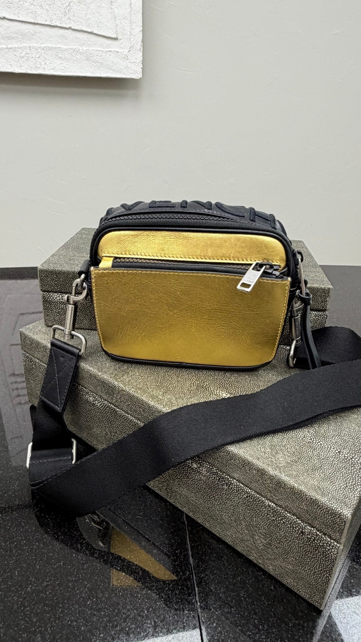Givenchy Black & Gold Leather Logo Crossbody