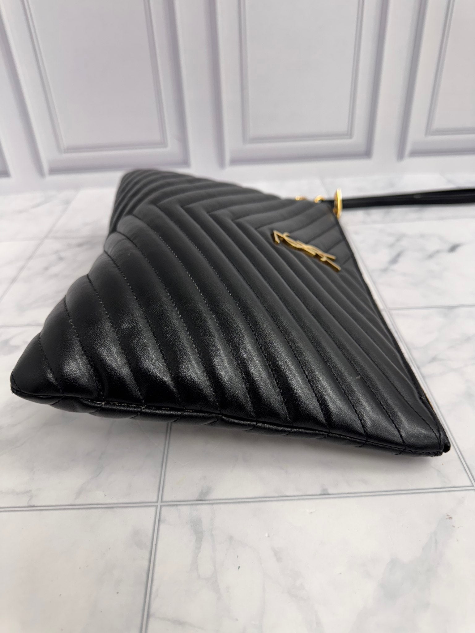 Saint Laurent YSL Black Chevron Quilted Leather Cassandre Large Pouch