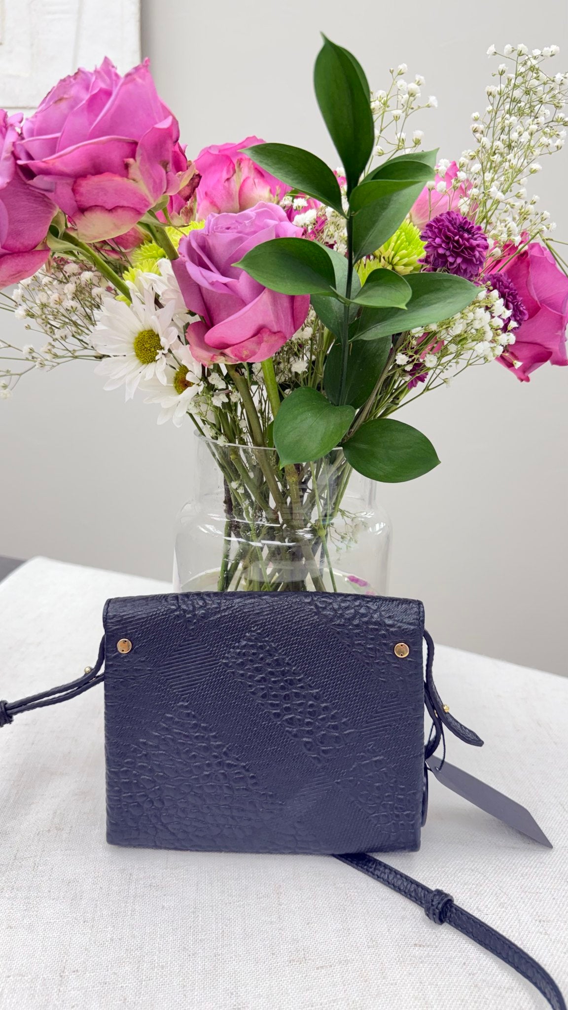 Burberry Black Check Embossed Grained Leather Signature Langley Crossbody