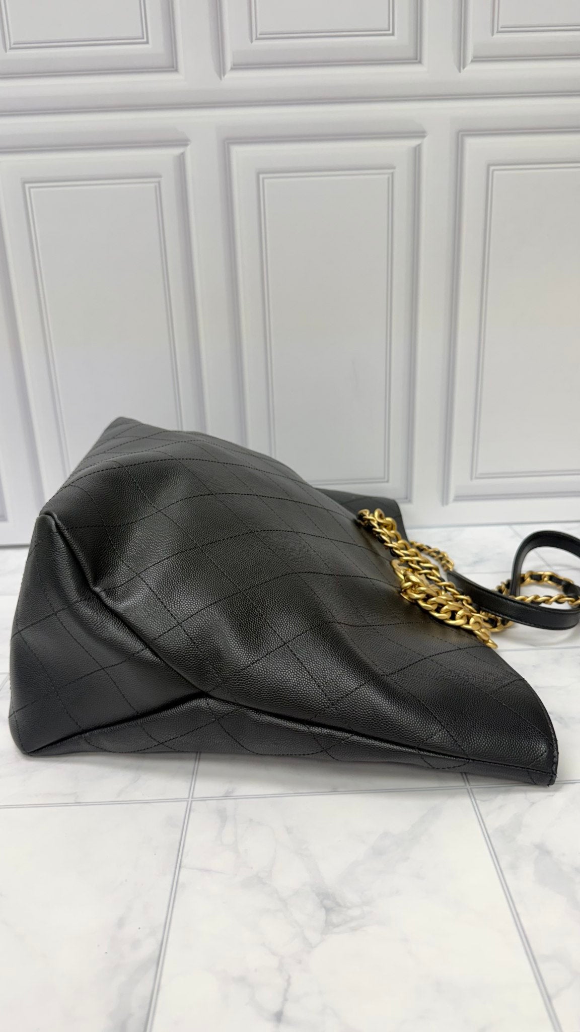 Chanel Black Caviar Leather Chain Shopping Tote Bag 