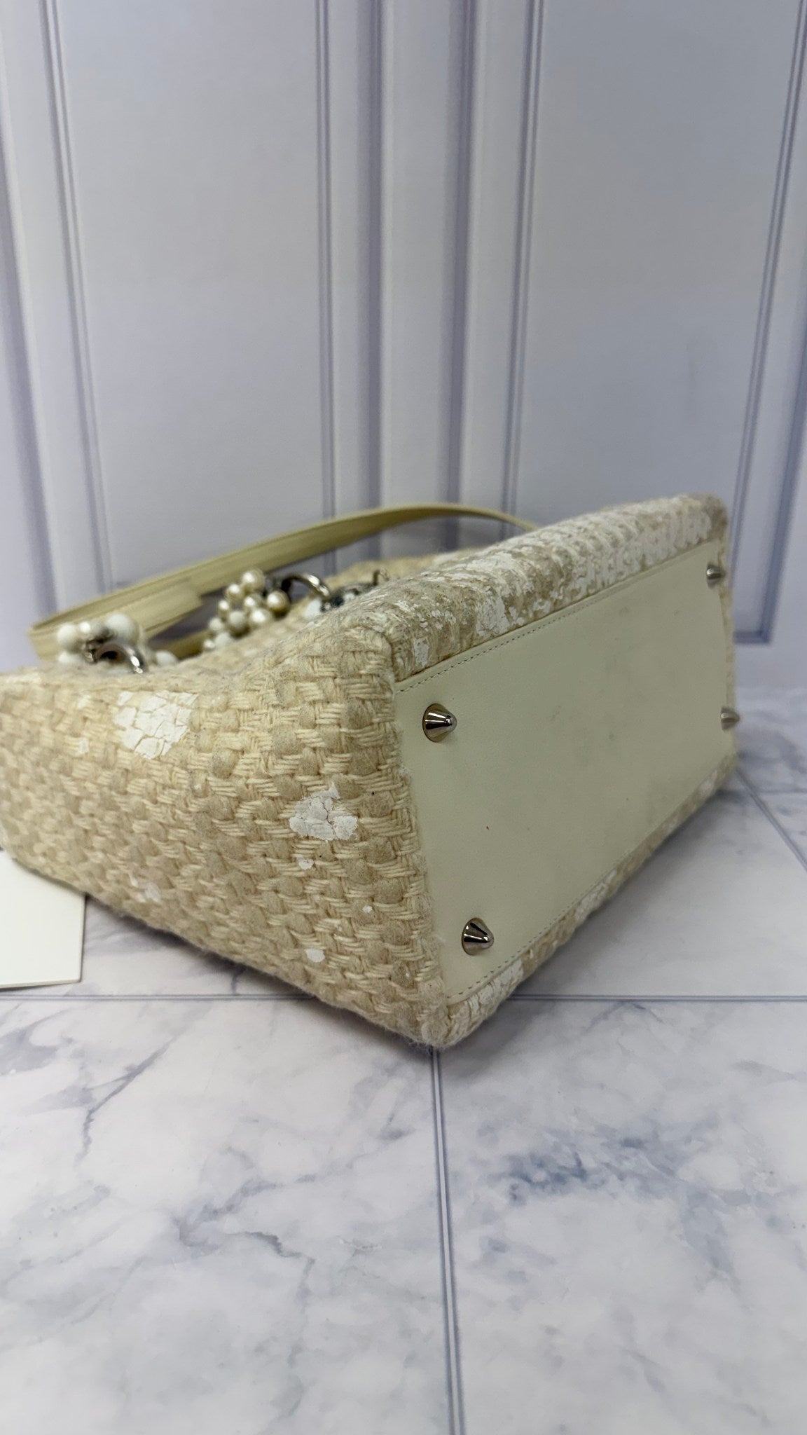 Christian Dior Ivory Tweed And Pearl Lady Dior Handbag 