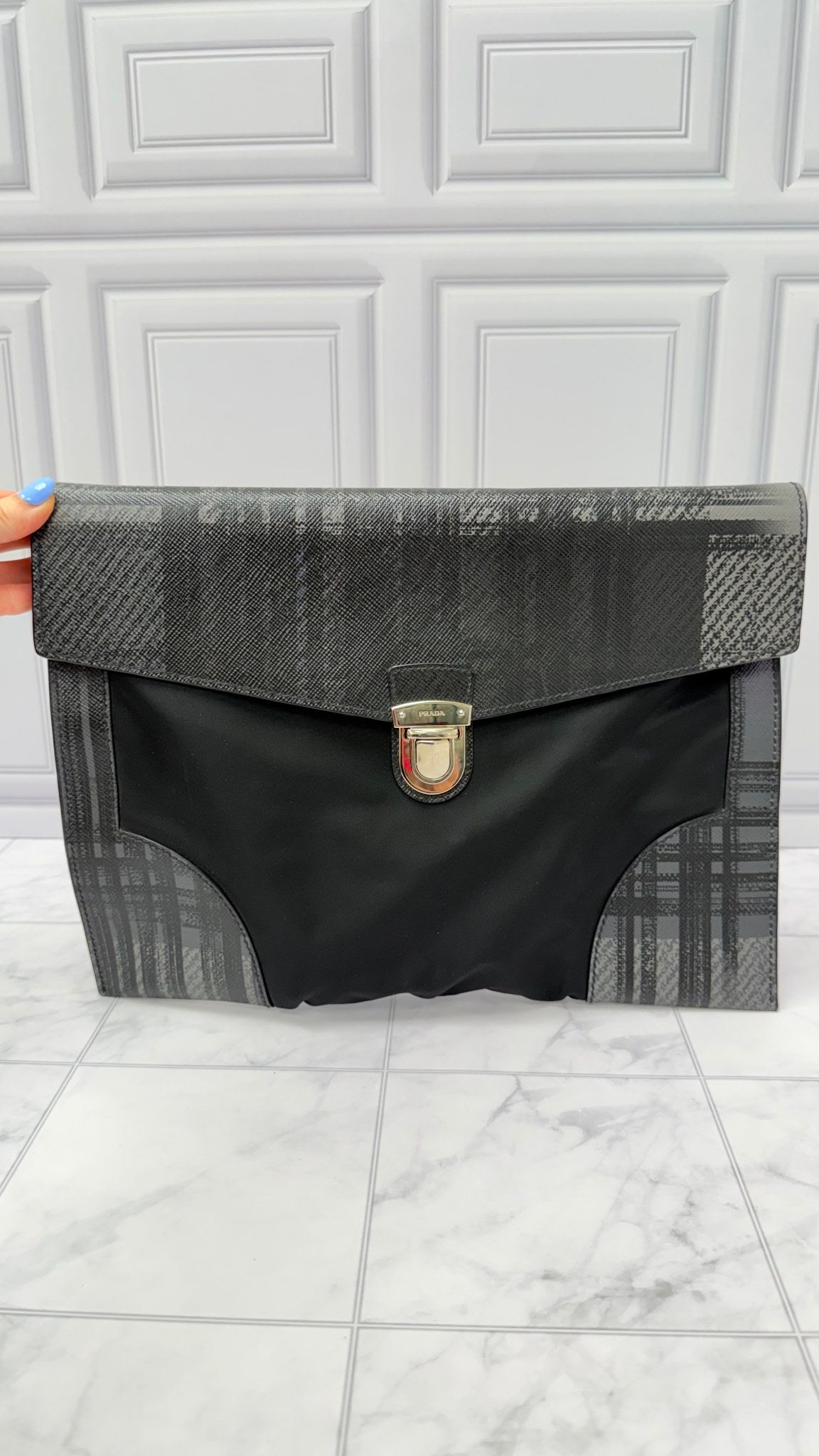 Prada Black Nylon & Saffiano Printed Leather Documents Pouch