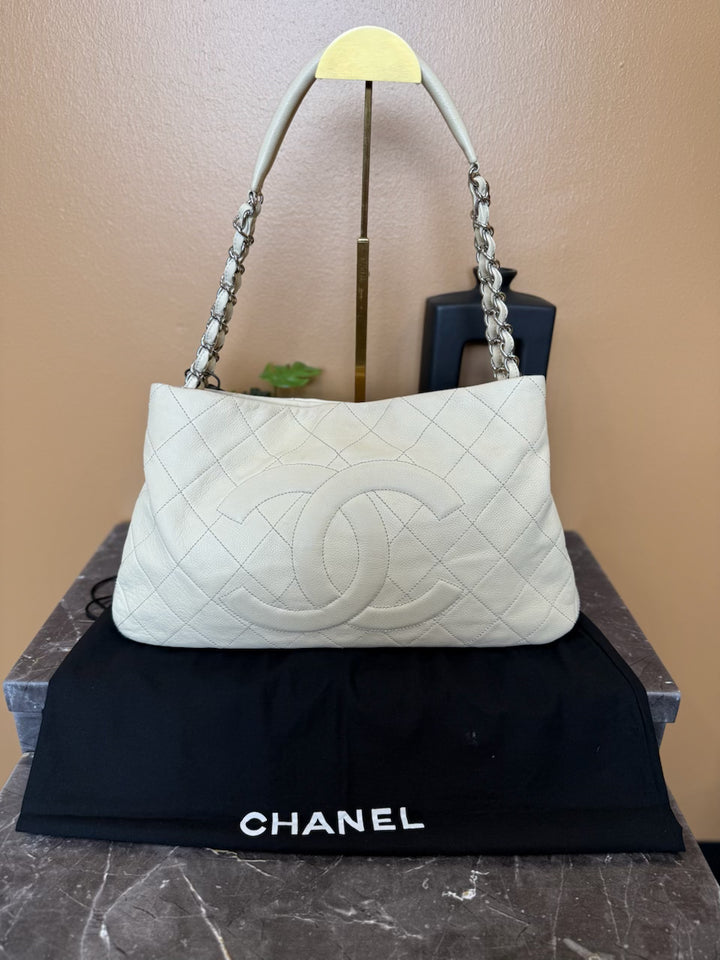 Chanel Cream Quilted Caviar Timeless CC Expandable Tote