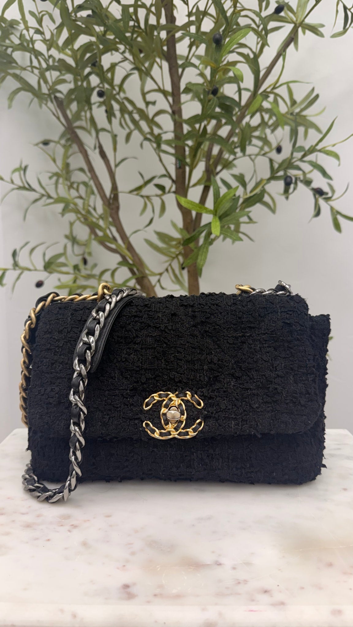 Chanel Black Tweed Quilted Medium Chanel 19 Flap Bag