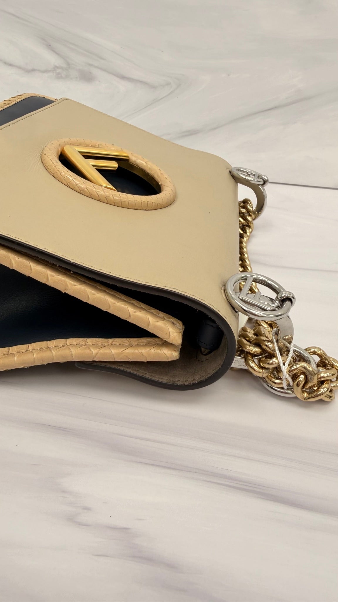 Fendi Navy And Beige Leather Kan I Chain Shoulder Bag 