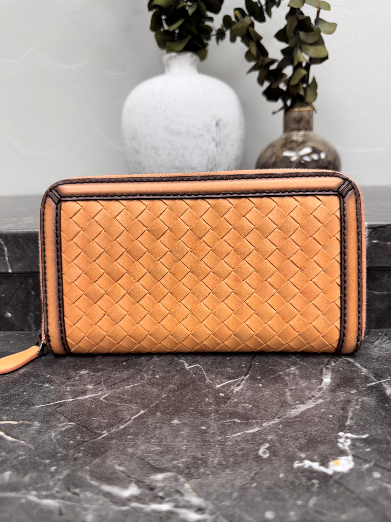 Bottega Veneta Tan And Leather Trim Intrecciato Leather Zippy Wallet