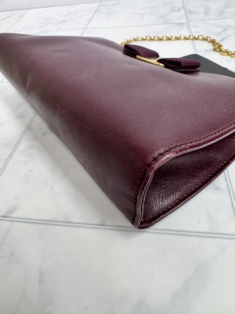 Salvatore Ferragamo Dark Purple Saffiano Leather Vara Bow Mini Chain Shoulder Bag