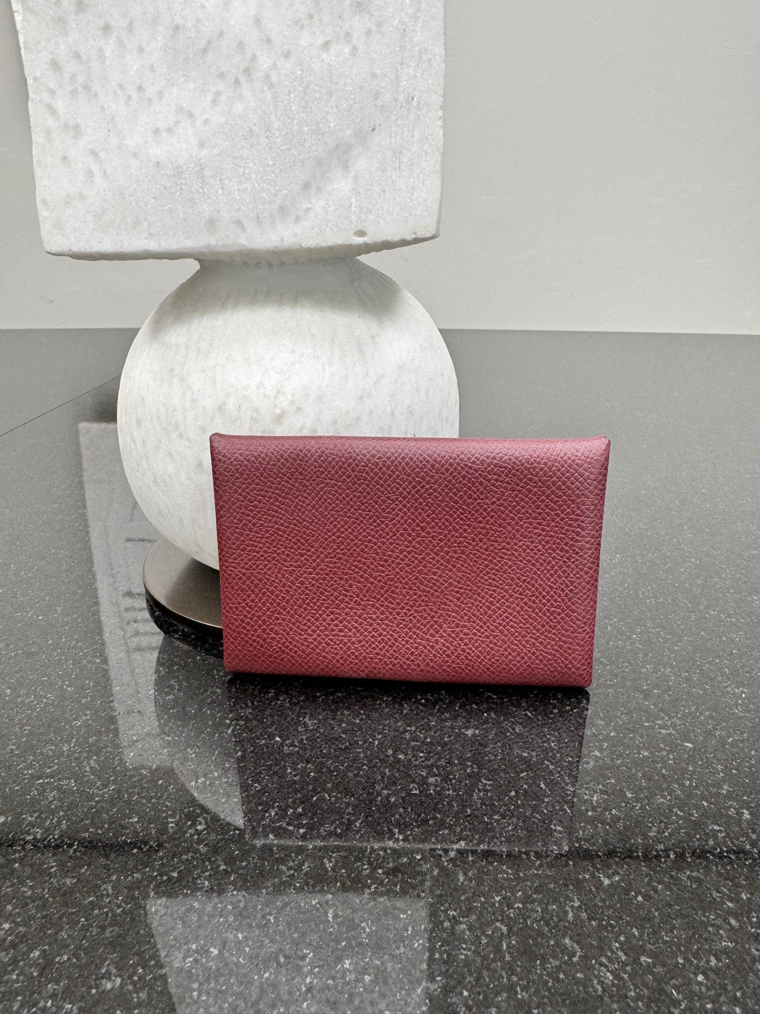 Hermes Burgundy Grained Leather Calvi Card Holder