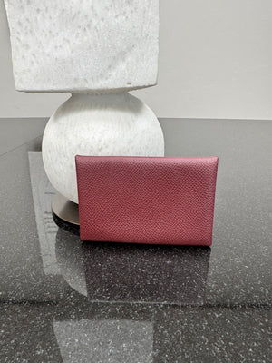 Hermes Burgundy Grained Leather Calvi Card Holder