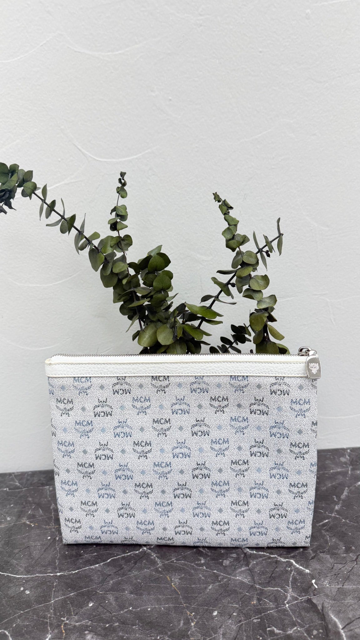 MCM White Visetos Canvas Clutch