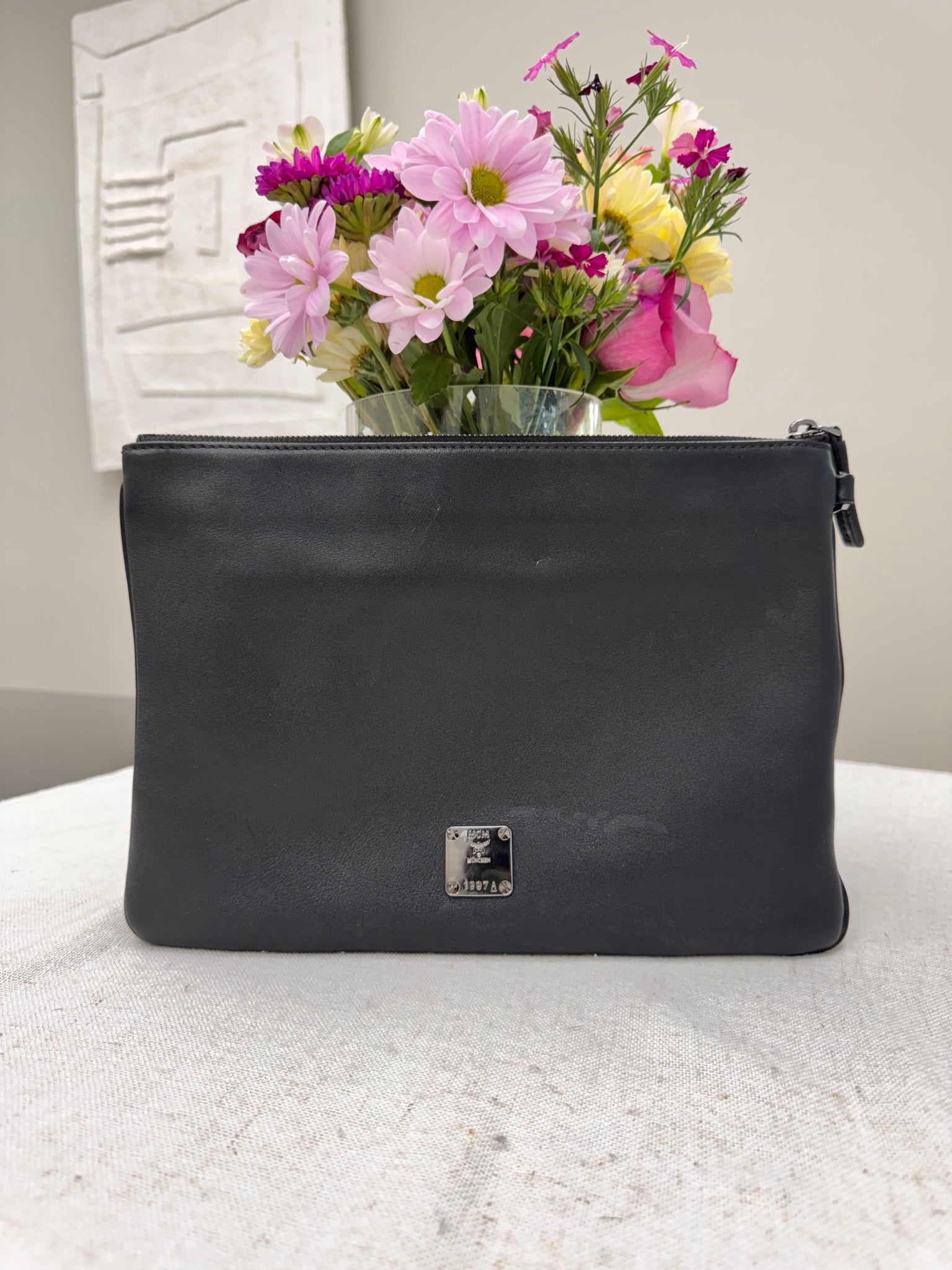 MCM Black Studded Leather Large Clutch