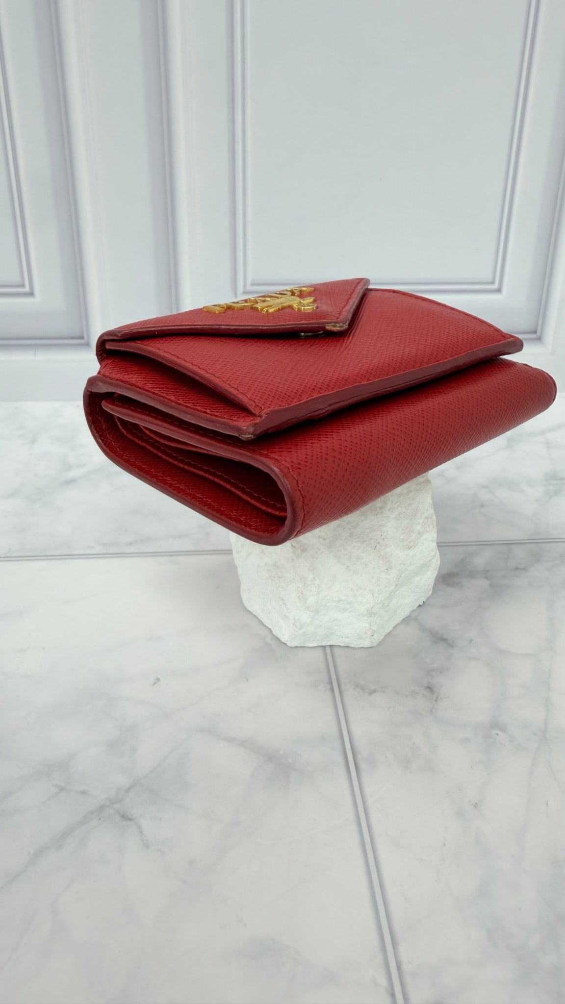 Prada Red Saffiano Leather Trifold Compact Wallet 