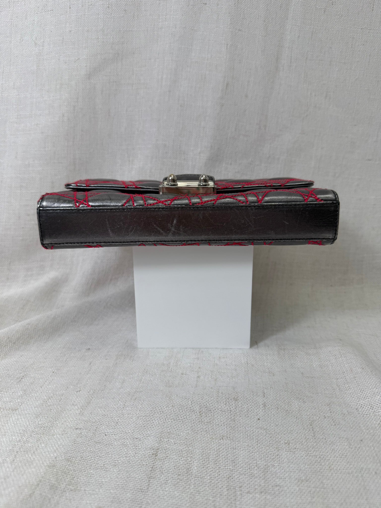 Christian Dior Silver Calf Leather And Red Cannage Stitching Miss Dior Clutch Bag