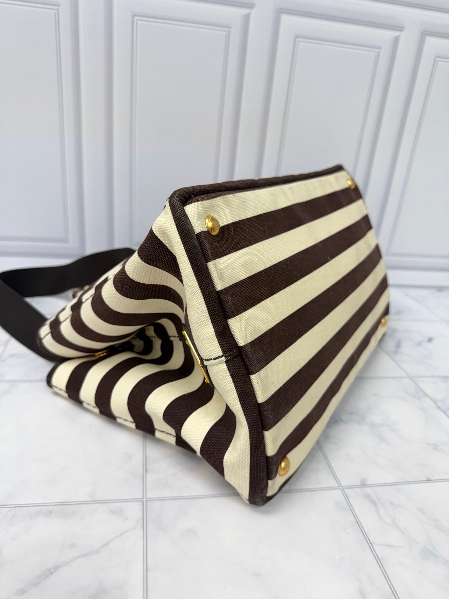 Prada Brown And Cream Canvas Canapa Striped Medium Tote Bag
