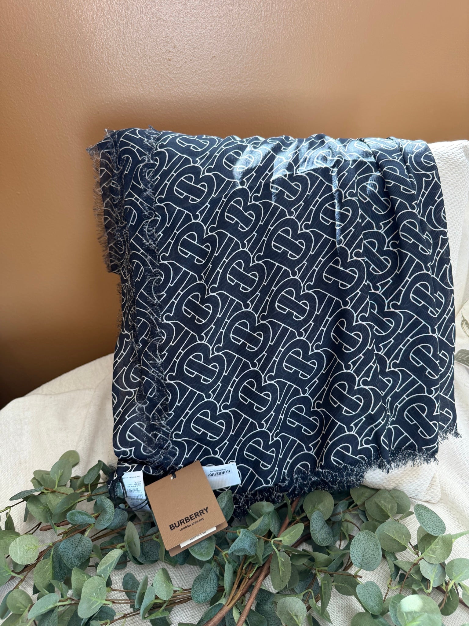 BRAND NEW - Burberry Navy Blue And White Cotton And Silk Scarf 