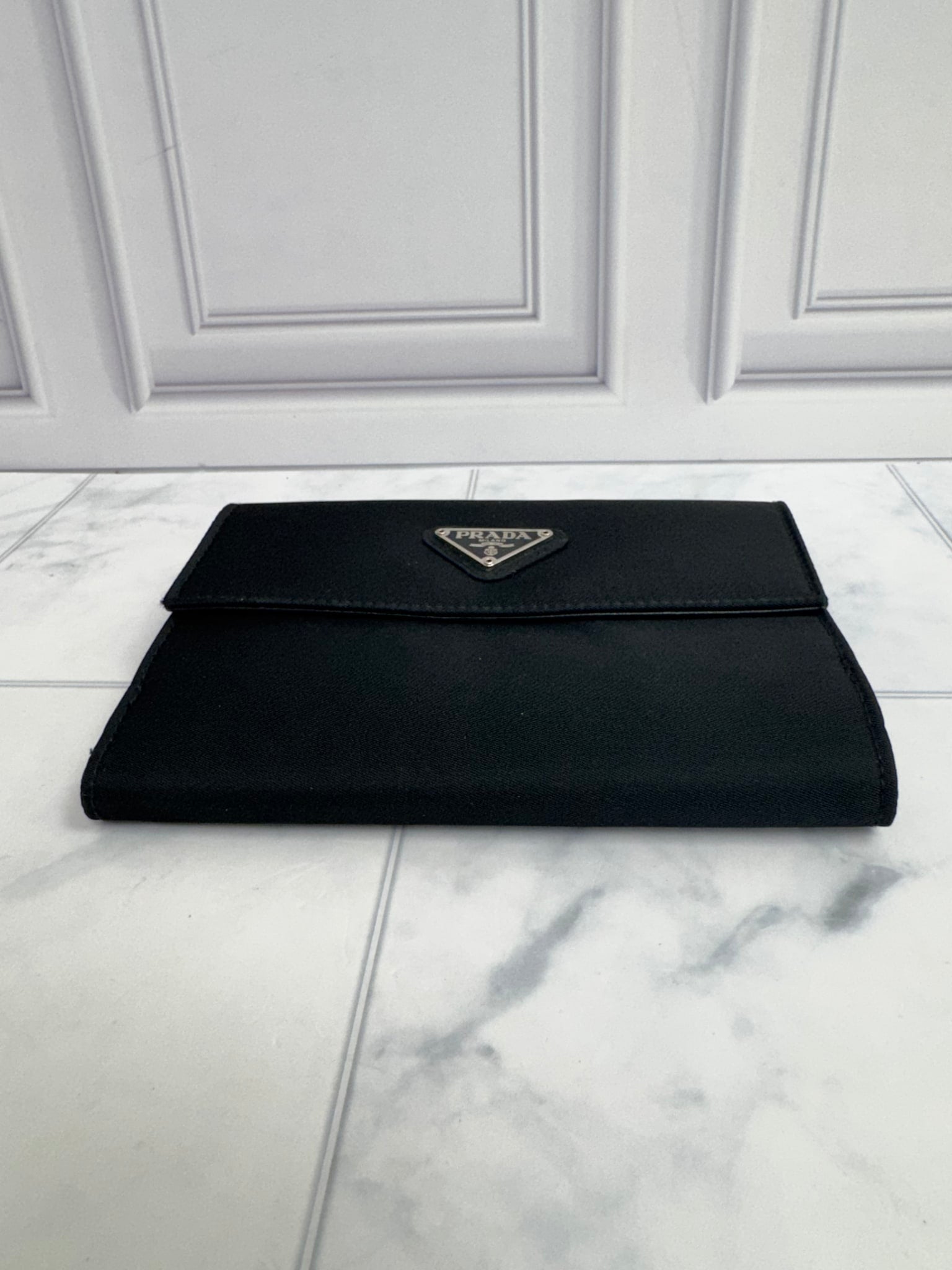 Prada Black Nylon Medium French Envelope Compact Wallet 
