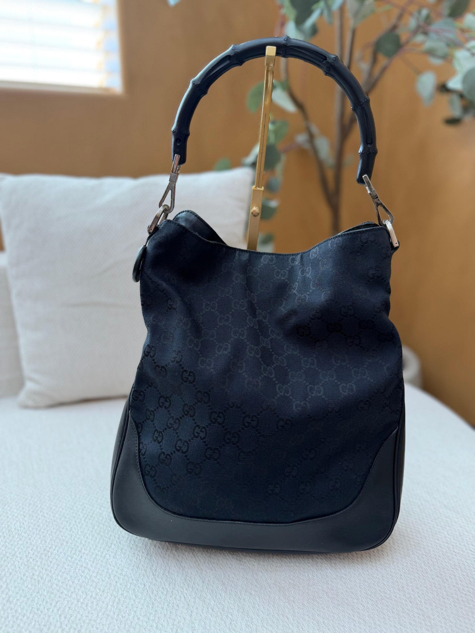 Gucci Black GG Canvas Bamboo Shoulder Bag