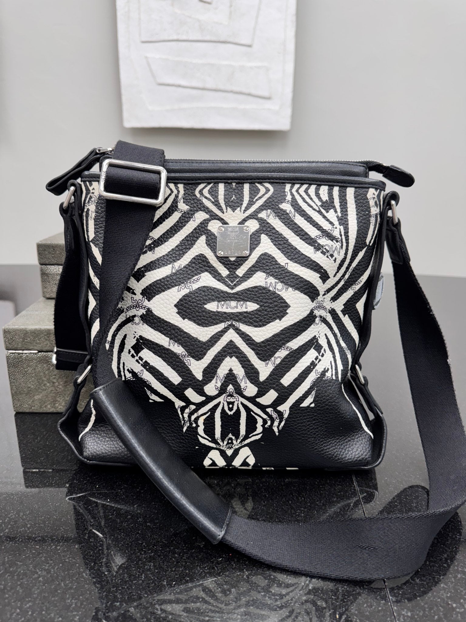 MCM Visetos Zebra Print Coated Canvas Large Crossbody Bag