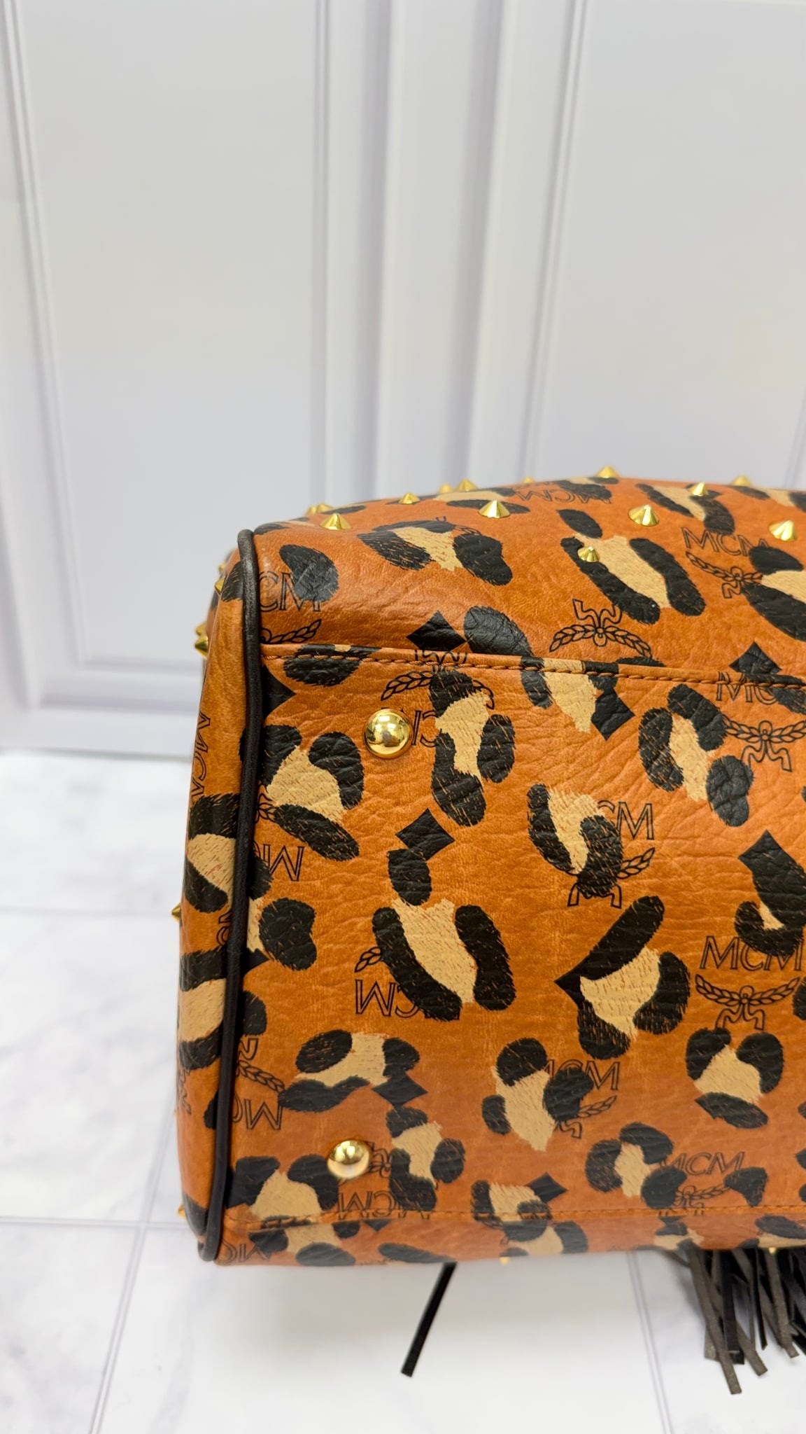 MCM Brown And Black Visetos Leopard Print Boston Bag