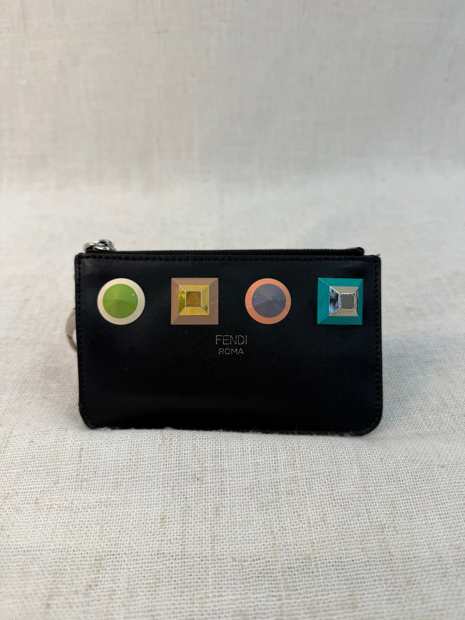 Fendi Black Leather Studded Coin Pouch