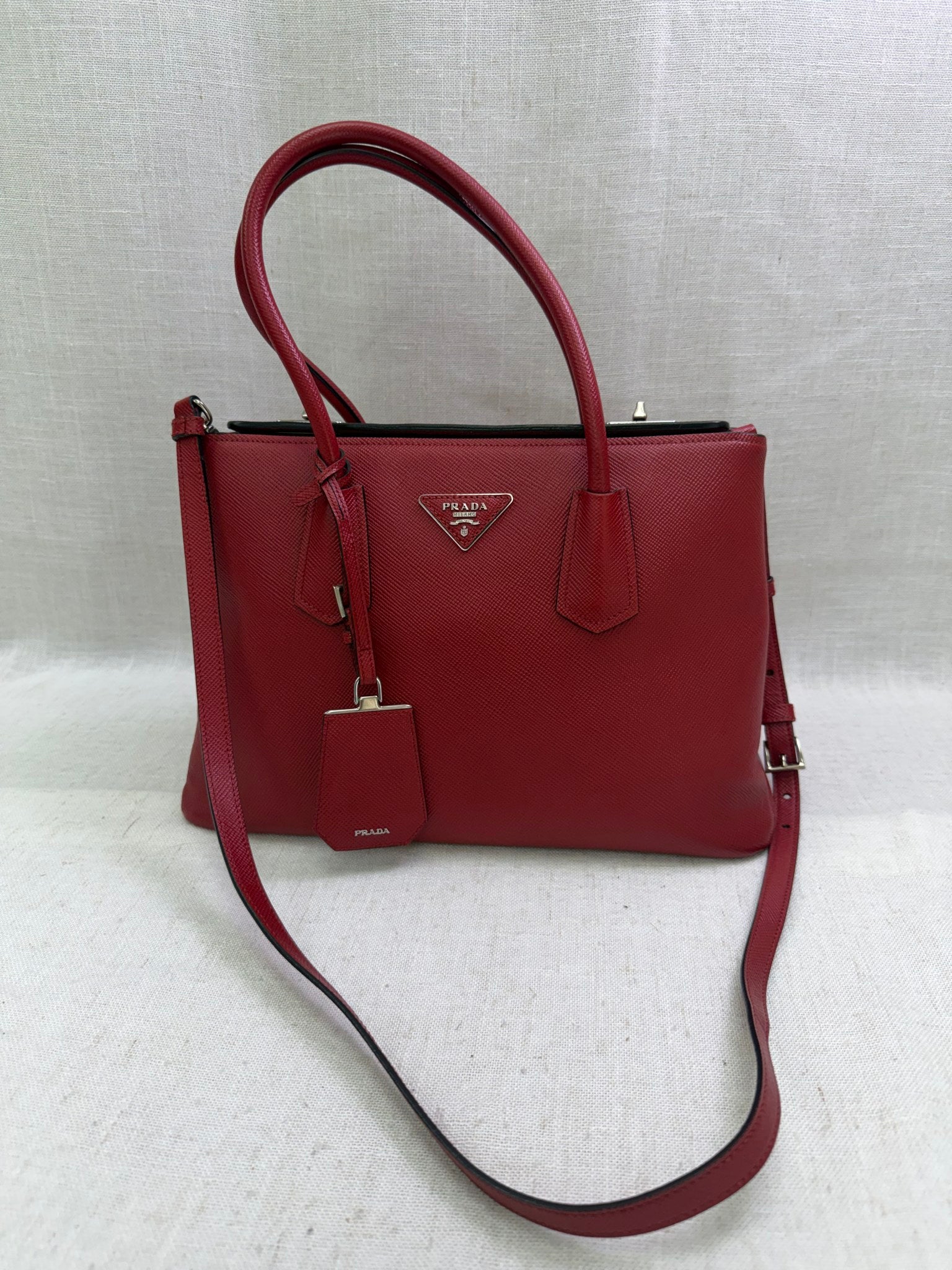 Prada Red Saffiano Leather Turnlock 2way Tote Bag