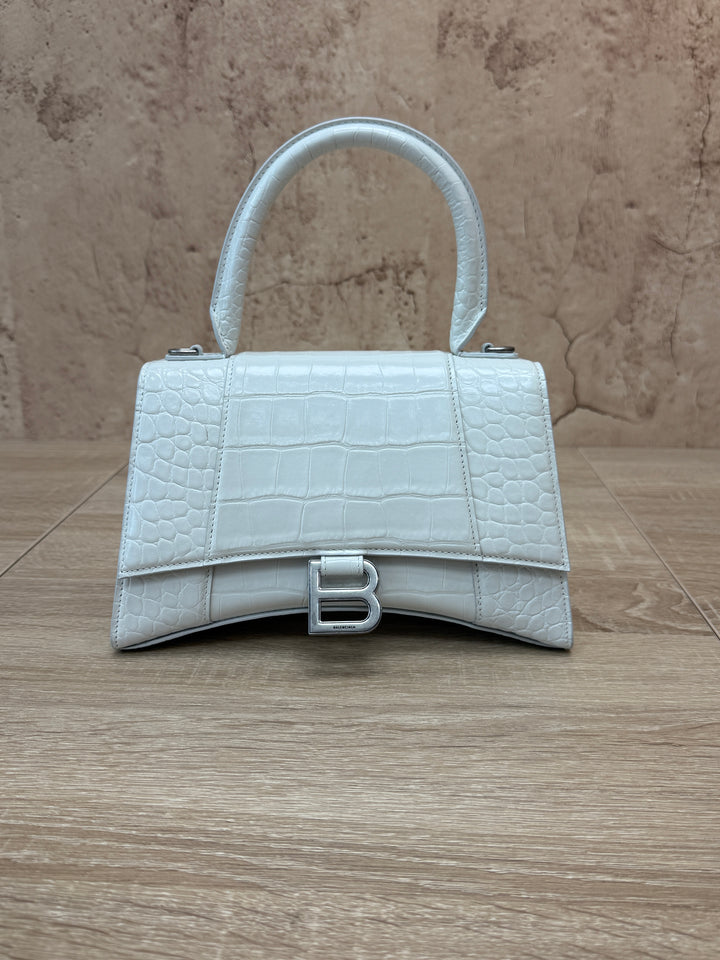 Balenciaga White Croc Embossed Small Hourglass Top Handle Bag
