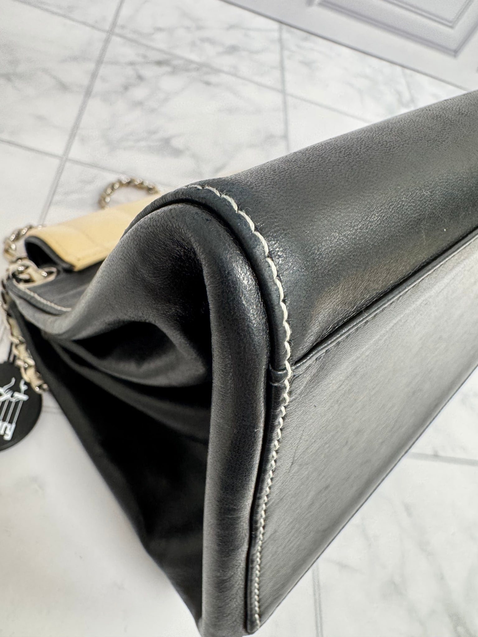 Chanel Beige And Black Quilted patent Leather Chocolate Bar Chain Flap Bag
