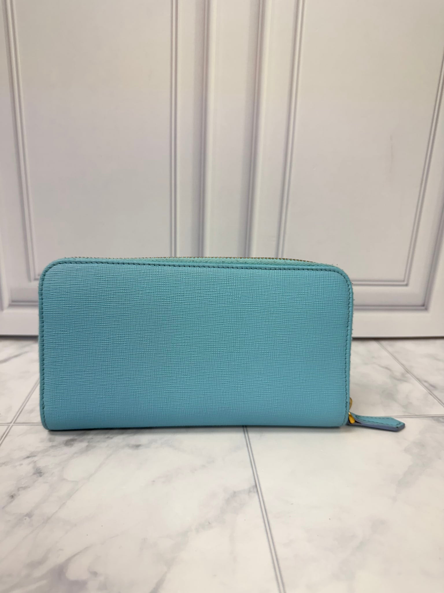 Fendi Light Blue Saffiano Leather Flowerland Zippy Wallet 