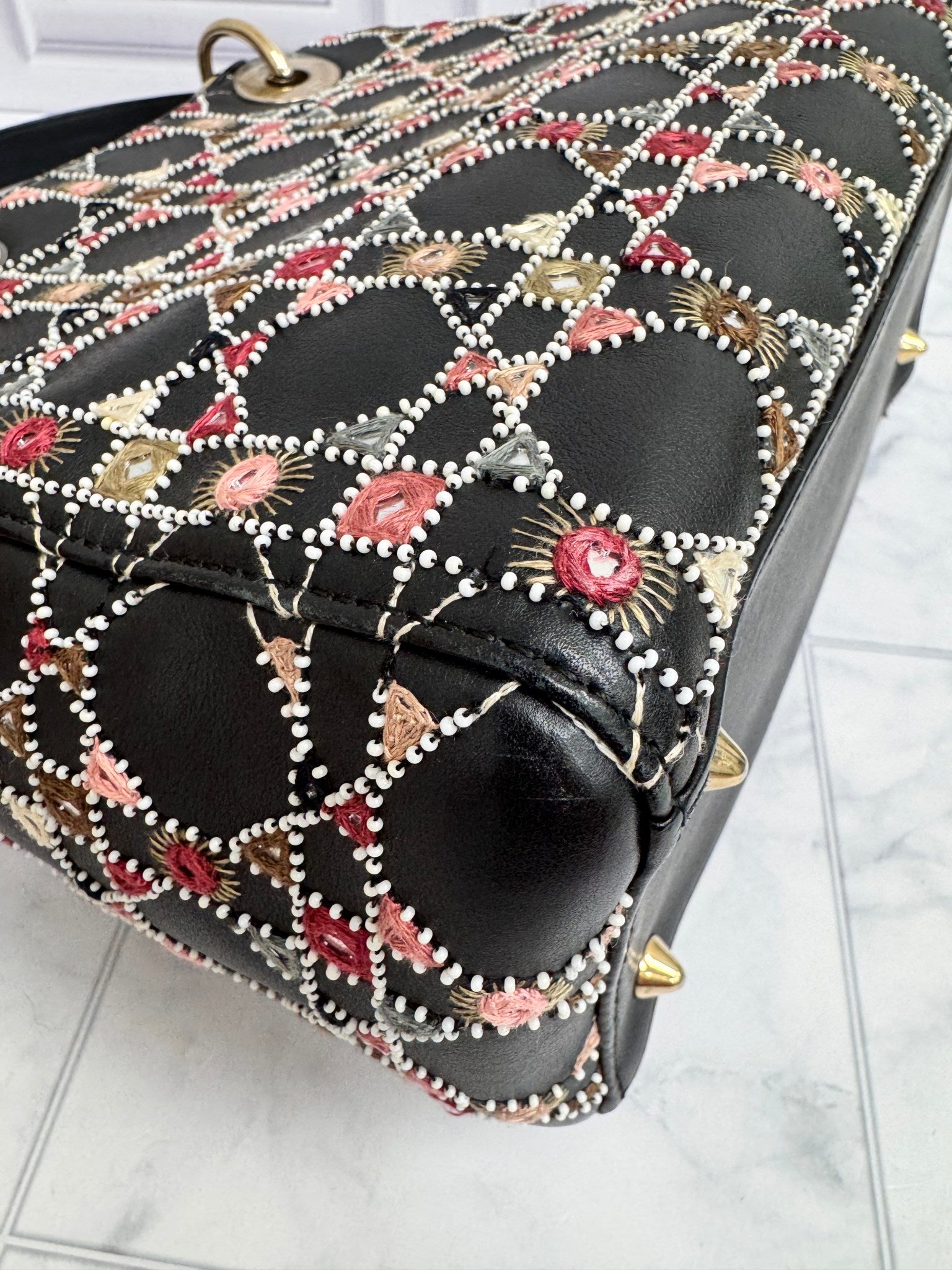  Christian Dior Black Multicolor Embroidered Lady Dior Medium 2Way Bag
